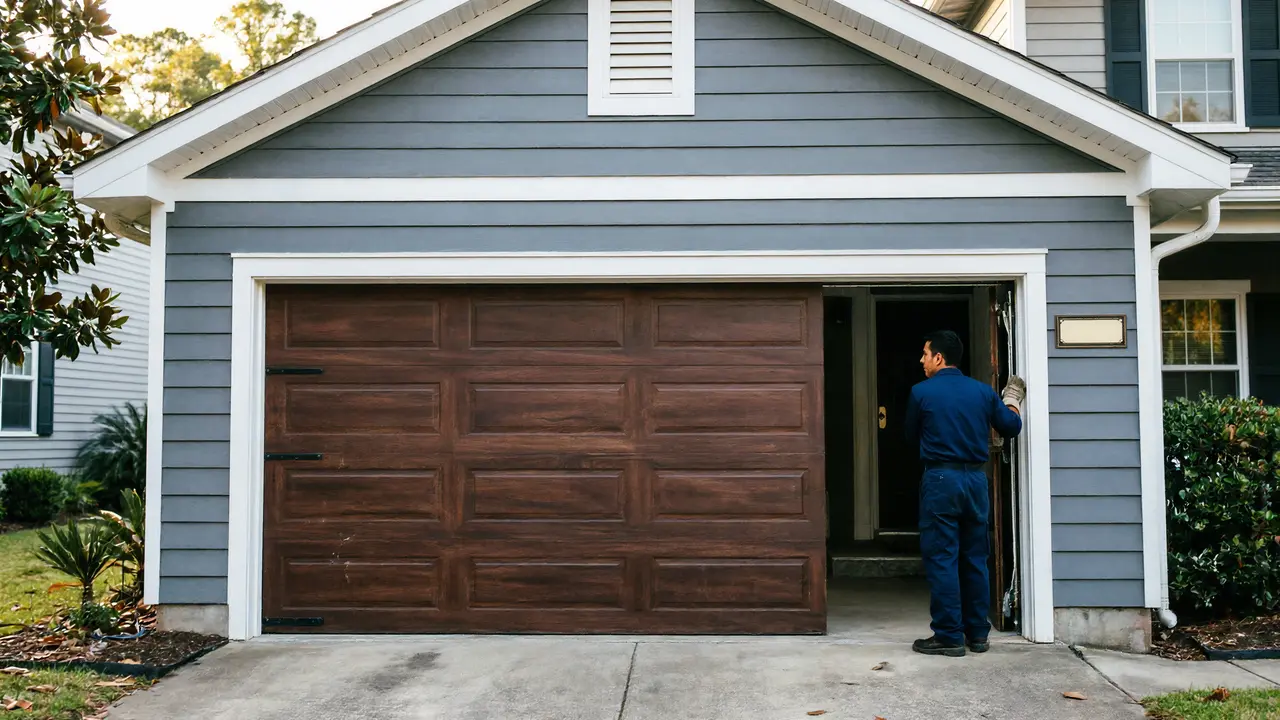 A technician in a blue uniform is working on a brown garage door.