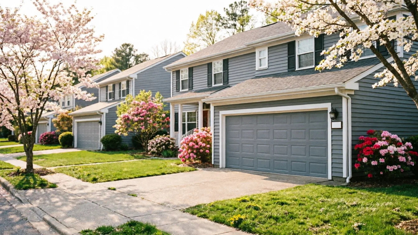 A row of gray houses with gray garage doors and blooming trees.