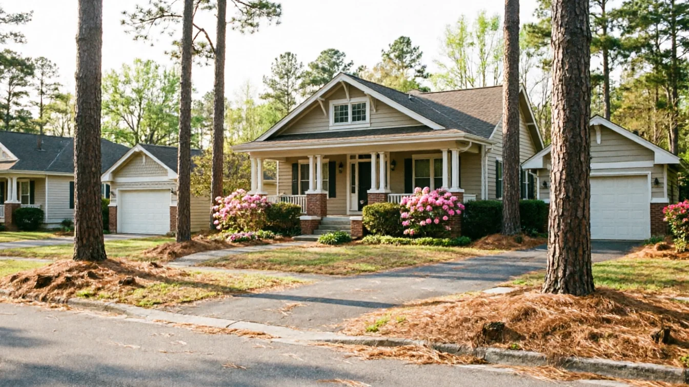 A light brown house with a porch and two white garage doors.