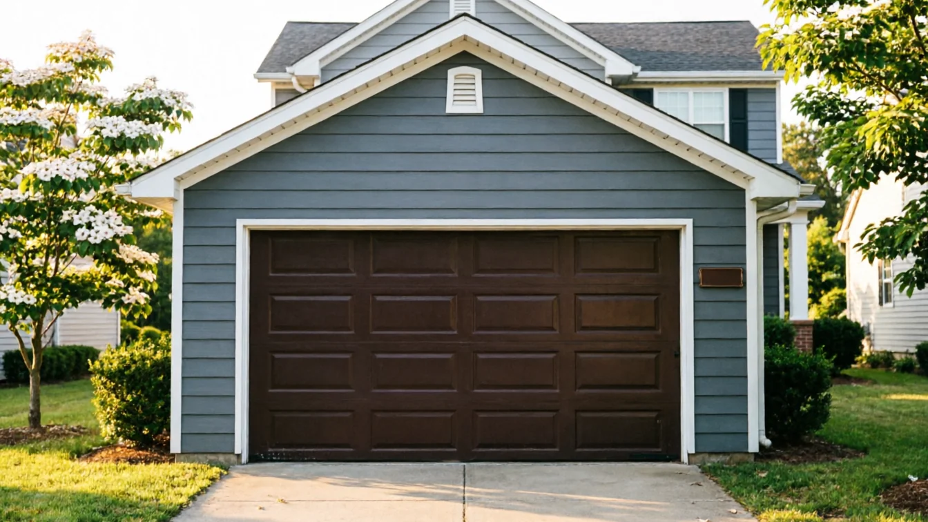 A brown paneled garage door is centered on a gray house with white trim.