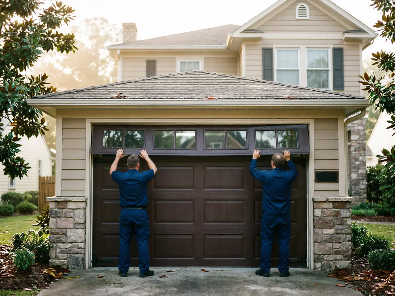 Two technicians install a brown garage door with windows on a house.